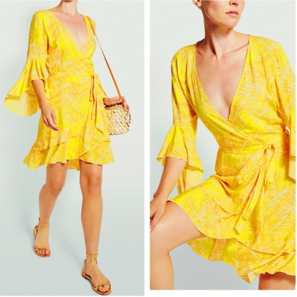 Melissa Odabash Kirsty Yellow‎ Bell Sleeve Mini Wrap Dress Tropical Size Large